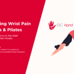 Title graphic for a Gold Coast Hand Therapy blog about managing wrist pain in yoga and Pilates, featuring an illustration of a person in a downward dog yoga position.