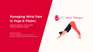 Title graphic for a Gold Coast Hand Therapy blog about managing wrist pain in yoga and Pilates, featuring an illustration of a person in a downward dog yoga position.