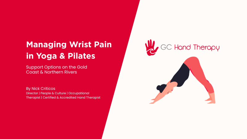 Title graphic for a Gold Coast Hand Therapy blog about managing wrist pain in yoga and Pilates, featuring an illustration of a person in a downward dog yoga position.